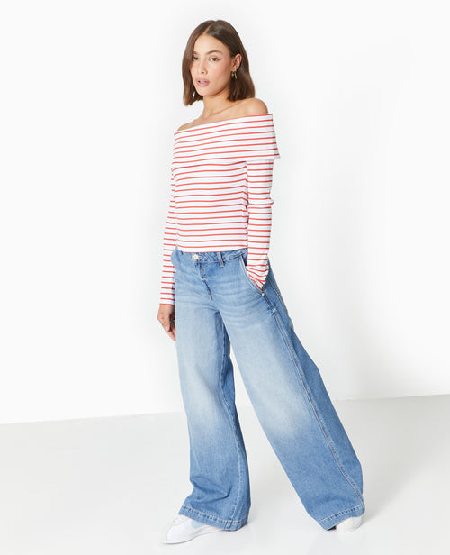 Top en maille côtelée encolure Bardot rayé - PIMKIE - 2