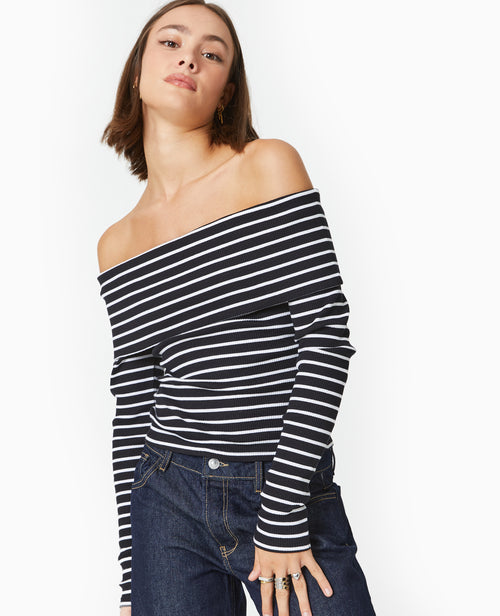 Top en maille côtelée encolure Bardot rayé - PIMKIE - 1
