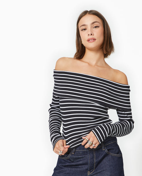 Top en maille côtelée encolure Bardot rayé - PIMKIE - 5