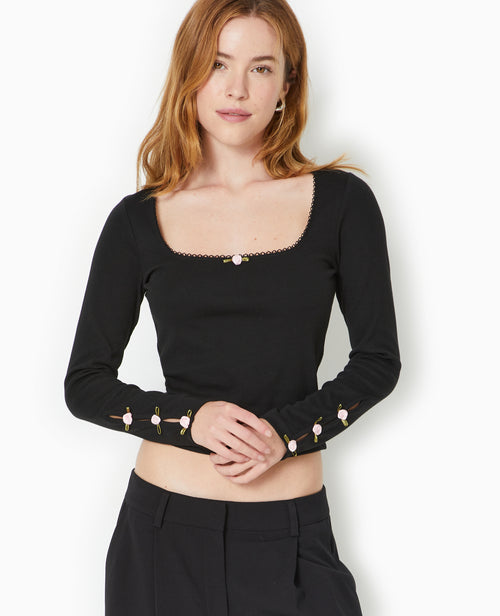 Top manches longues avec roses en satin - PIMKIE - 1