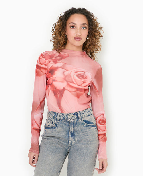 Top manches longues en résille motif roses - PIMKIE - 1