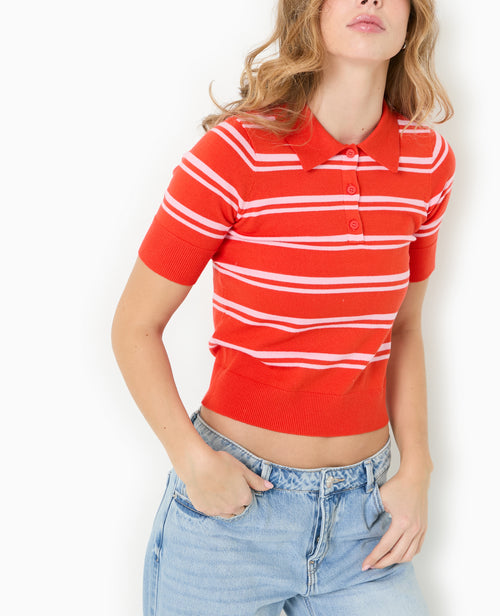 Pull manches courtes col polo motif rayures - PIMKIE - 1