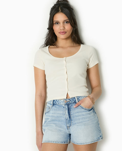 T-shirt court boutonné en maille côtelée - PIMKIE - 5