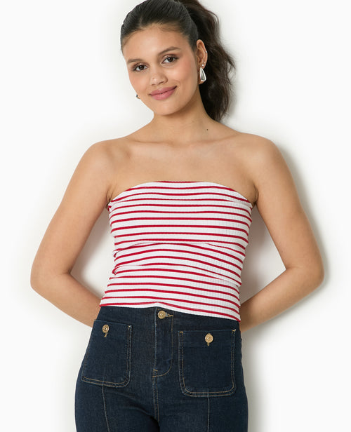 Top bandeau en maille côtelée rayée - PIMKIE - 1