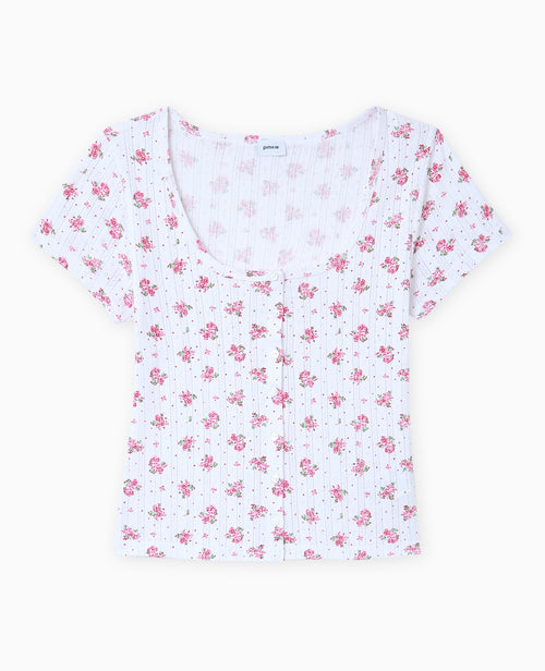 T-shirt boutonné en maille pointelle motif fleurs - PIMKIE - 4