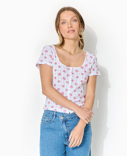 T-shirt boutonné en maille pointelle motif fleurs - PIMKIE - 5