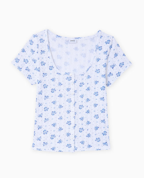T-shirt boutonné en maille pointelle motif fleurs - PIMKIE - 4
