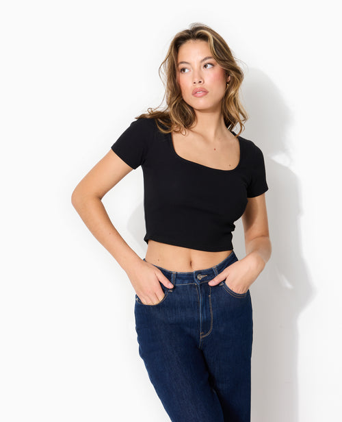 T-shirt court en maille côtelée encolure carrée - PIMKIE - 1