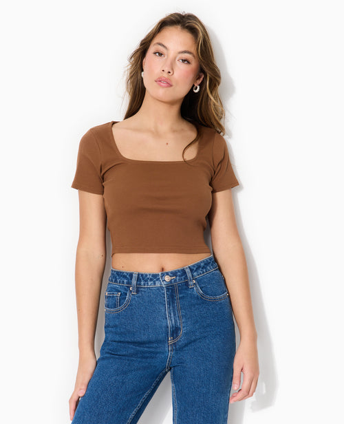 T-shirt court en maille côtelée encolure carrée - PIMKIE - 1