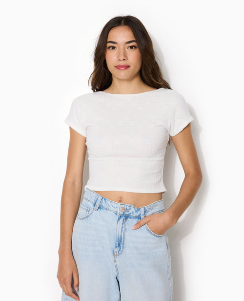 Top court en maille effet dentelle avec dos dégagé - PIMKIE - 1