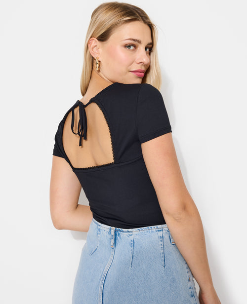 T-shirt col V avec découpe dos et détail dentelle - PIMKIE - 1