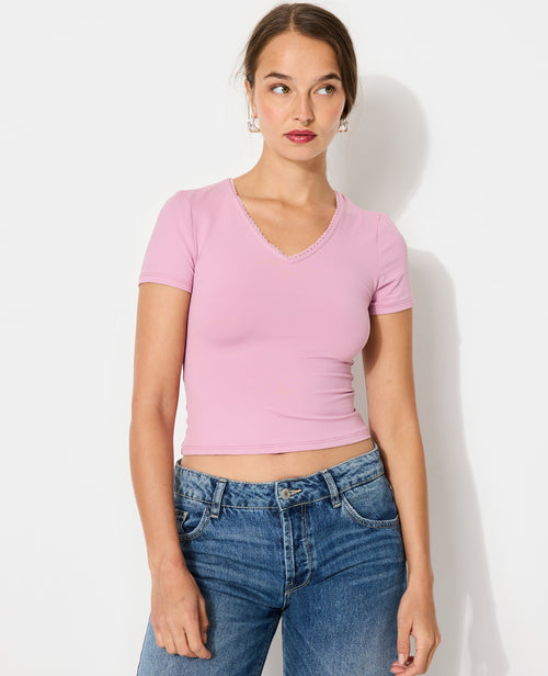 T-shirt col V avec découpe dos et détail dentelle - PIMKIE - 1