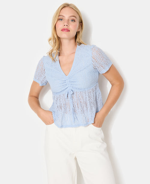 Top en dentelle avec col V et lien coulissé - PIMKIE - 1