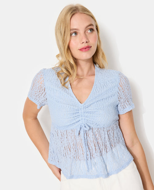 Top en dentelle avec col V et lien coulissé - PIMKIE - 5