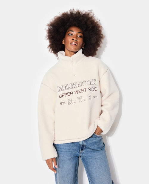 Sweat droit en sherpa col zippé avec broderies - PIMKIE - 1