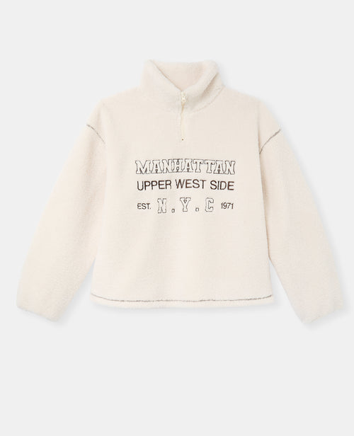 Sweat droit en sherpa col zippé avec broderies - PIMKIE - 4