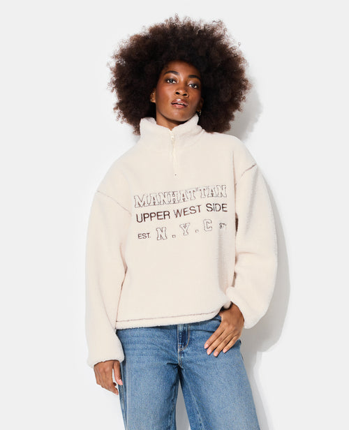 Sweat droit en sherpa col zippé avec broderies - PIMKIE - 5