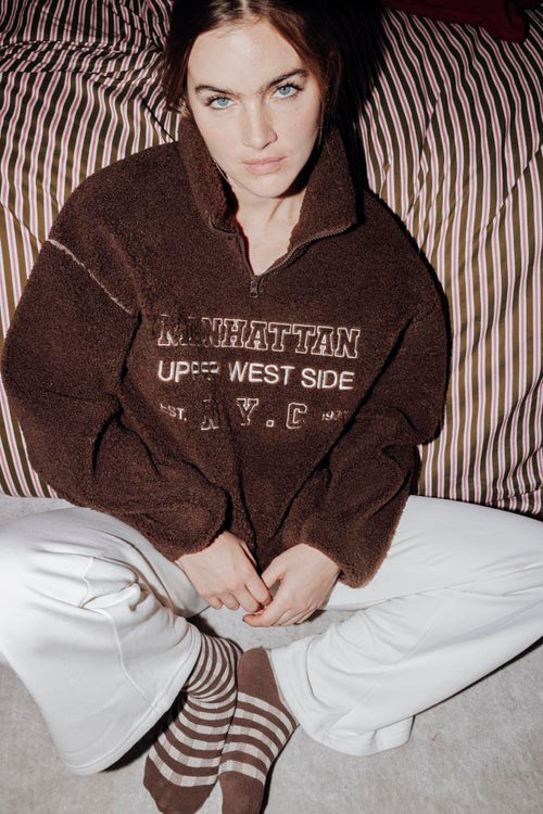 Sweat droit en sherpa col zippé avec broderies - PIMKIE - 1