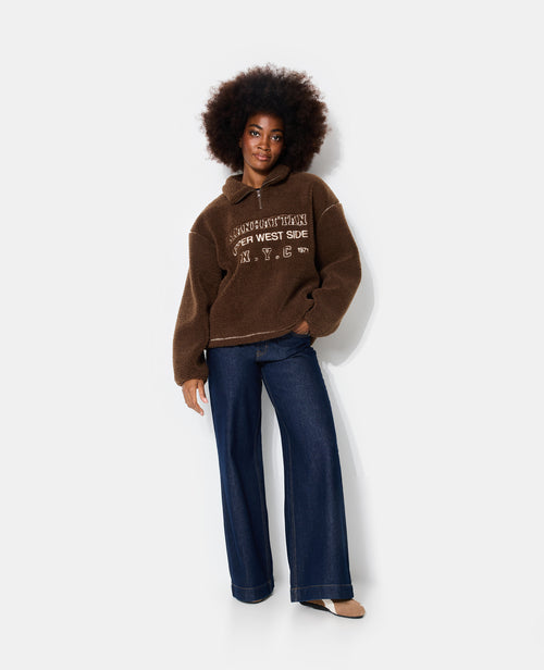 Sweat droit en sherpa col zippé avec broderies - PIMKIE - 3