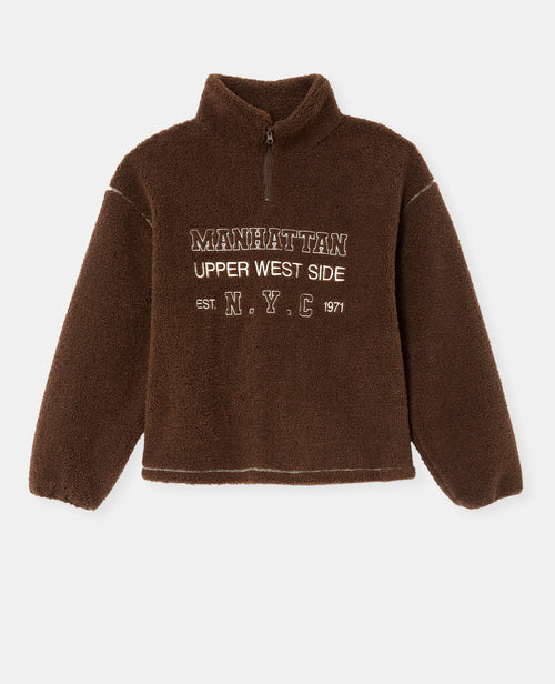 Sweat droit en sherpa col zippé avec broderies - PIMKIE - 4