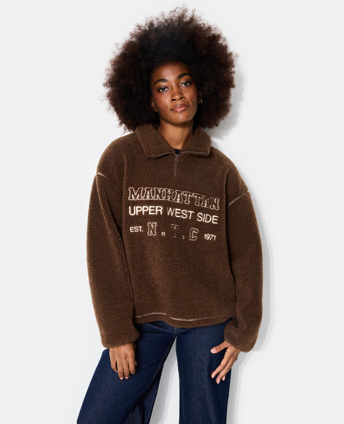 Sweat droit en sherpa col zippé avec broderies - PIMKIE - 5