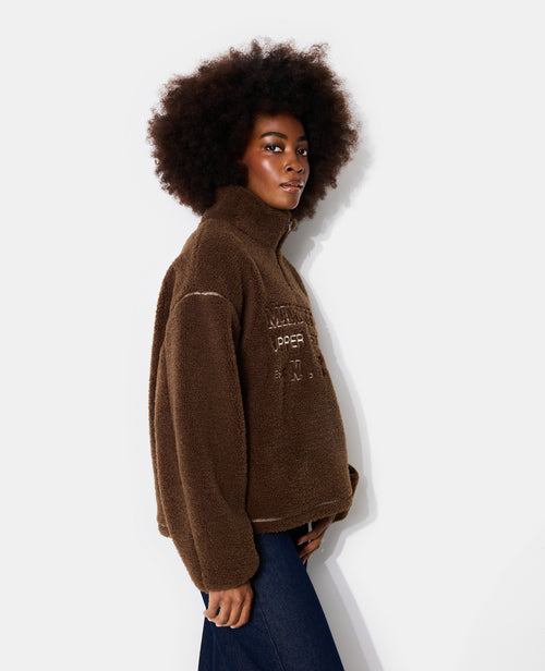 Sweat droit en sherpa col zippé avec broderies - PIMKIE - 7