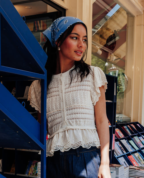 Gilet manches courtes en maille ajourée et dentelle - PIMKIE - 1