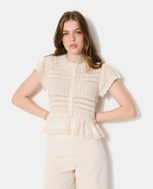 Gilet manches courtes en maille ajourée et dentelle - PIMKIE - 5