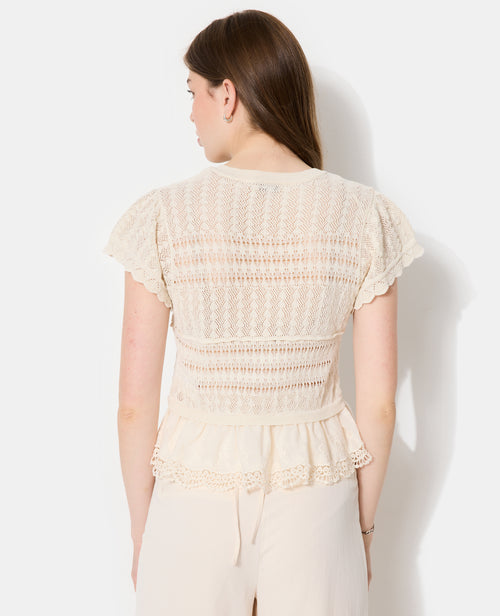 Gilet manches courtes en maille ajourée et dentelle - PIMKIE - 6