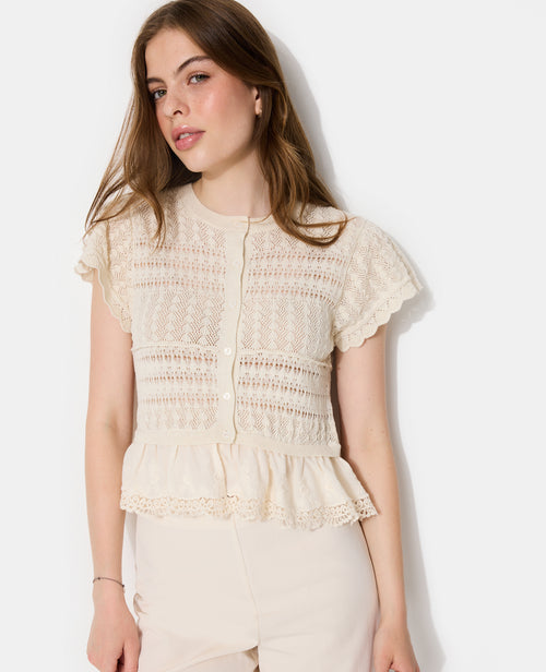 Gilet manches courtes en maille ajourée et dentelle - PIMKIE - 7