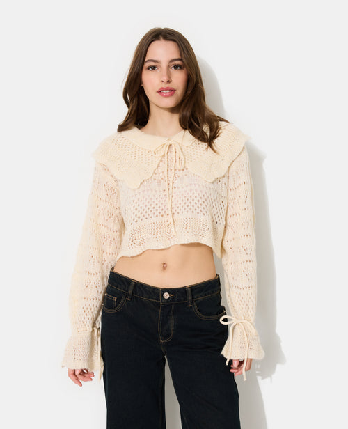 Pull en maille ajourée avec double col et nouettes - PIMKIE - 5