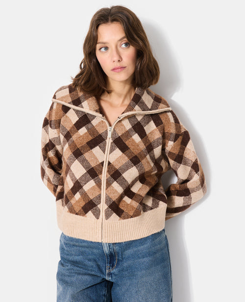 Gilet zippé grand col motif carreaux - PIMKIE - 5