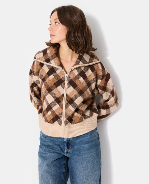 Gilet zippé grand col motif carreaux - PIMKIE - 1