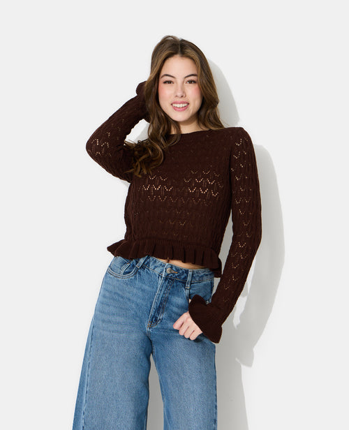 Pull en maille ajourée avec petits volants - PIMKIE - 1