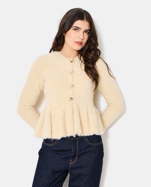 Gilet peplum en maille poilue avec boutons dorés - PIMKIE - 1