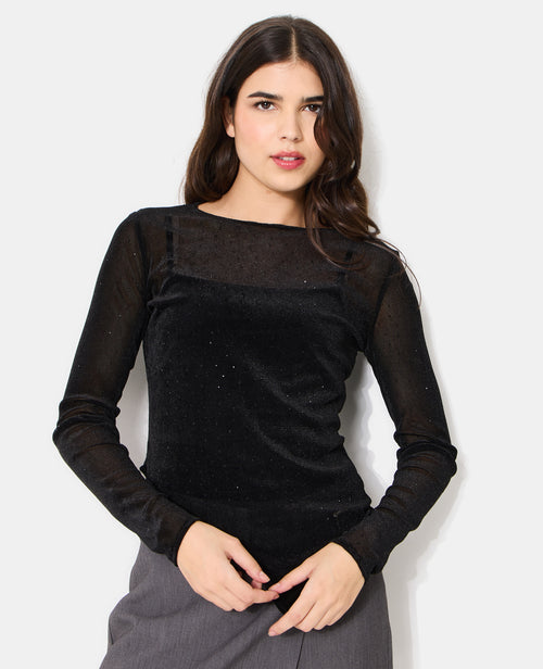 Top asymétrique en résille et velours avec strass - PIMKIE - 2