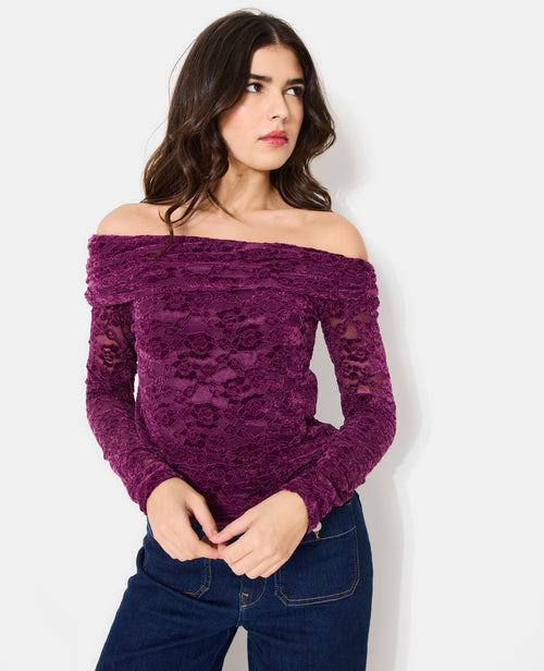 Top asymétrique en résille avec fleurs velours - PIMKIE - 1