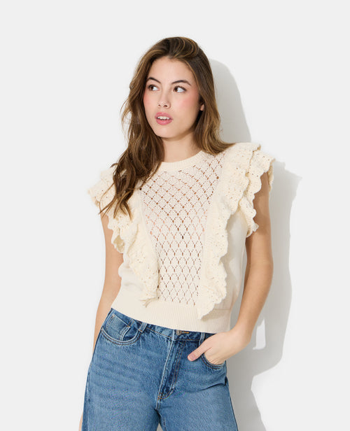 Pull manches courtes en maille ajourée avec volants - PIMKIE - 1