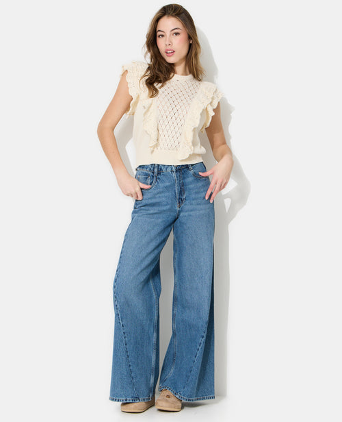 Pull manches courtes en maille ajourée avec volants - PIMKIE - 3