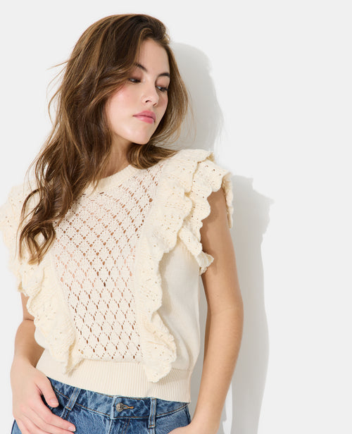 Pull manches courtes en maille ajourée avec volants - PIMKIE - 5