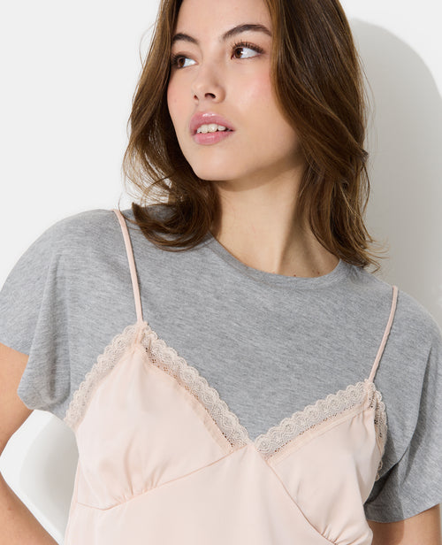 T-shirt 2 en 1 avec top dentelle et satin - PIMKIE - 2