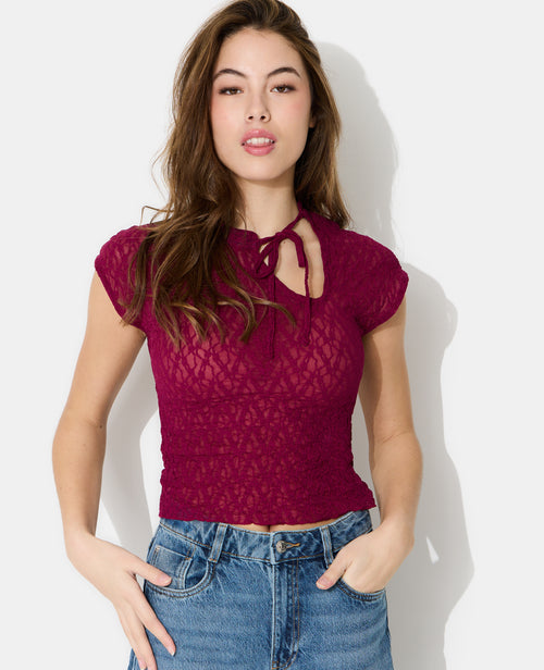 Top dentelle avec col mao et nouette - PIMKIE - 5