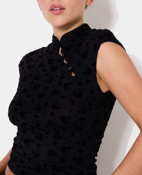 Top esprit asiatique avec col mao et fleurs velours - PIMKIE - 2