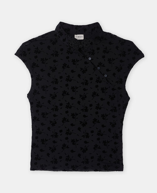 Top esprit asiatique avec col mao et fleurs velours - PIMKIE - 4