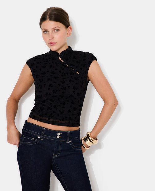 Top esprit asiatique avec col mao et fleurs velours - PIMKIE - 5