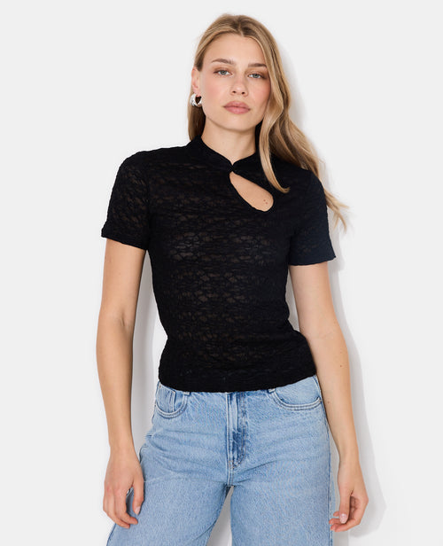 Top en dentelle col mao avec goutte et bouton - PIMKIE - 1