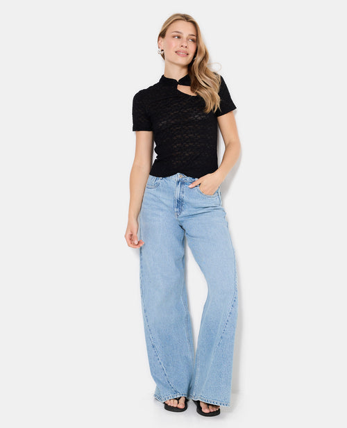 Top en dentelle col mao avec goutte et bouton - PIMKIE - 3