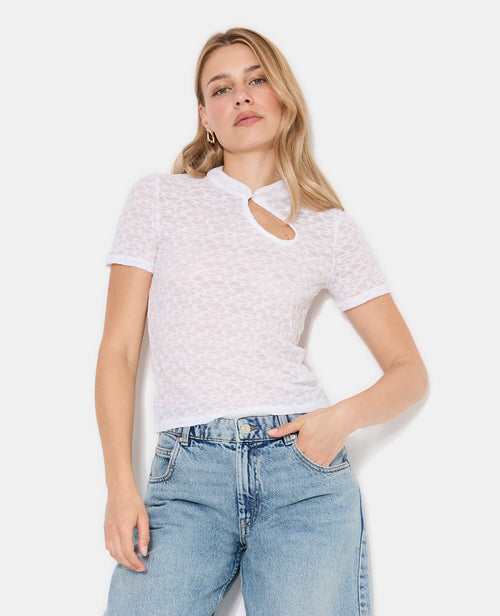 Top en dentelle col mao avec goutte et bouton - PIMKIE - 1