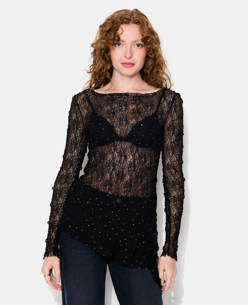 Top asymétrique en maille dentelle avec strass - PIMKIE - 5