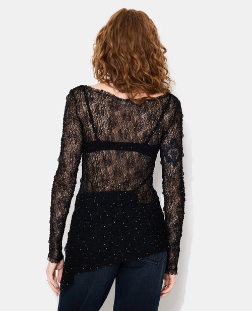 Top asymétrique en maille dentelle avec strass - PIMKIE - 6